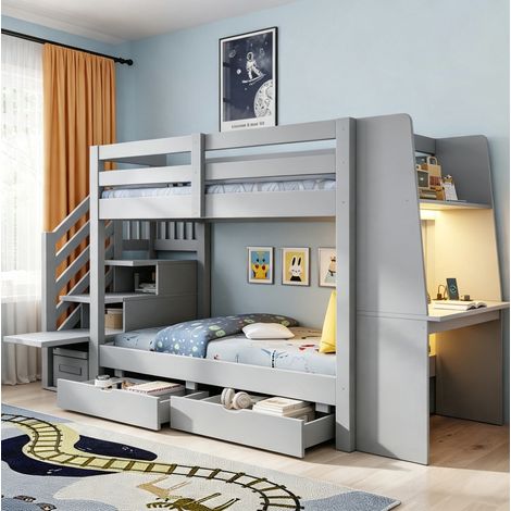 Cama alta infantil 90x200 cm, con escritorio integrado, estantería, cajones, luz LED, enchufe, madera gris (1/5)