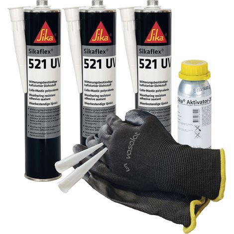 Sikaflex 521 UV grau 3x 300ml Kleb- und Dichtstoff mit Aktivator 205 - zur Abdichtung von Aluminium, Stahl und Kunststoff