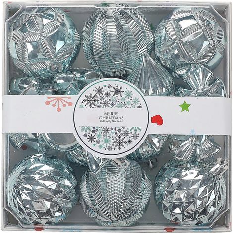 Set mit 18 Stück/Box, speziell geformte Weihnachtskugeln aus Kunststoff, hellblau, für Weihnachtsbaumschmuck zum Aufhängen, für Weihnachtsfeiern und Heimdekoration (1/5)