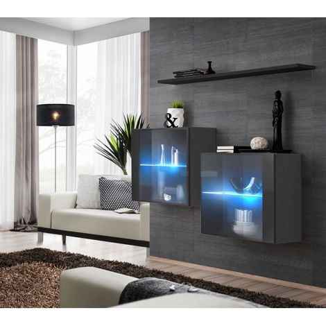 Commode - Switch SB III - 2 vitrines LED - 1 étagère - Noir et graphite - Modèle 1 - Livraison gratuite