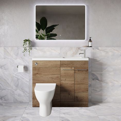Napoli 250 Tobacco Oak 1000mm 2 Door Vanity Unit Toilet Suite with Round Silvo Basin - 1000mm - Chrome 160mm HandleWith Jubilee Toilet Pan and Seat