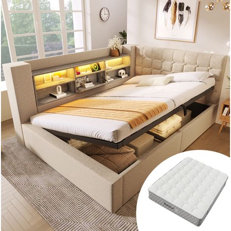 Etagenbett 140/200 cm mit LED, Stauraum und Matratze, Beige (1/5)