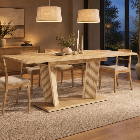 Mesa de comedor extensible 120-160 x 80 x 76 cm de MDF y metal marrón natural OKMYHOME (1/5)