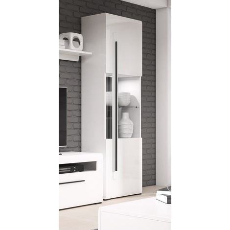 Vitrinenschrank weiß Hochglanz TURDA-83 mit LED Beleuchtung und Absetzungen in schwarz, B/H/T: ca. 60/204/39 cm (1/4)
