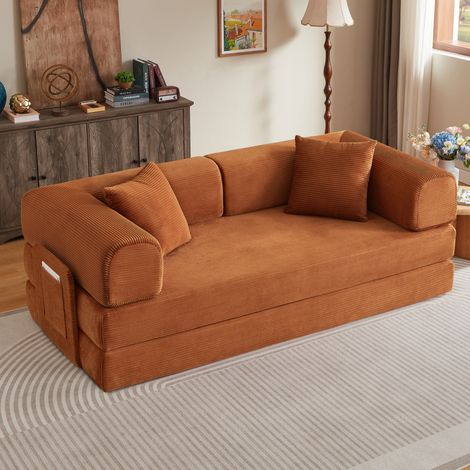 Divano letto trasformabile in schiuma, 2 materassi di 17 cm di spessore, seduta di 35 cm di spessore, struttura in acciaio cromato, rivestimento in velluto a coste color terracotta (1/5)