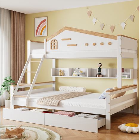 Litera infantil 90x200 y 140x200 cm blanca y natural, con estantes y cajones (1/5)