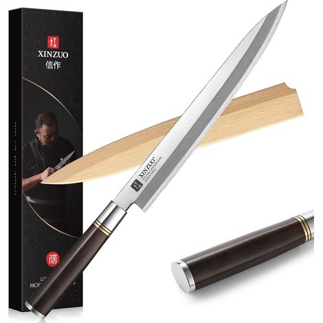 27cm Couteau Yanagiba X7Cr17MoV Acier Inoxydable, Sushi Sashimi Couteau Cuisine Trancher, Lame Biseautée Unique, Ébène Manche en Bois -Fourreau en Bois de Bouleau (1/5)
