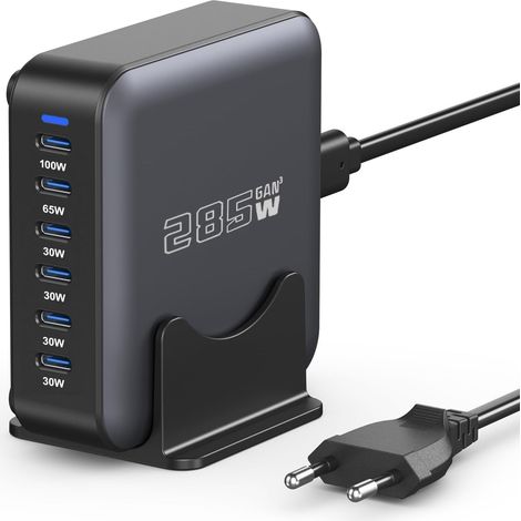 285W USB C Chargeur Multiple, 6 Ports Chargeur Rapide GaN Alimentation Station de Charge, PD+QC Power Adapter 100W Type C Laptop Charger Compatible avec MacBook/iPhone 16/Galaxy S23 (1/5)