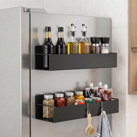 Porte-épices Magnétique pour Réfrigérateur, Lot de 2 Étagères Magnétiques 1 Grande et 1 Petite, Organiseur Aimanté Sans Perçage, Étagère Magnétique pour Cuisine, Micro-ondes, Machine à Laver (1/5)