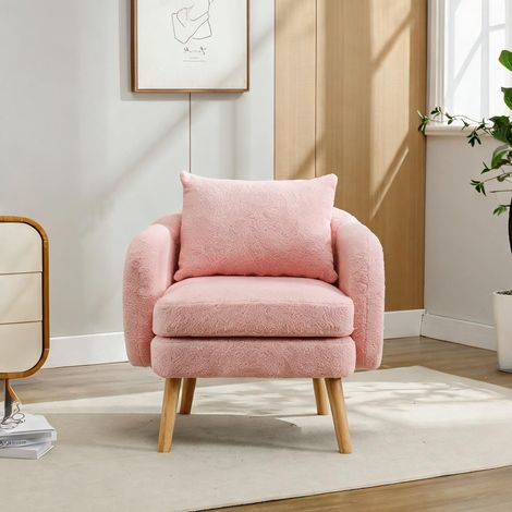 Fauteuil de salon rose en tissu Teddy velours avec coussin (1/5)
