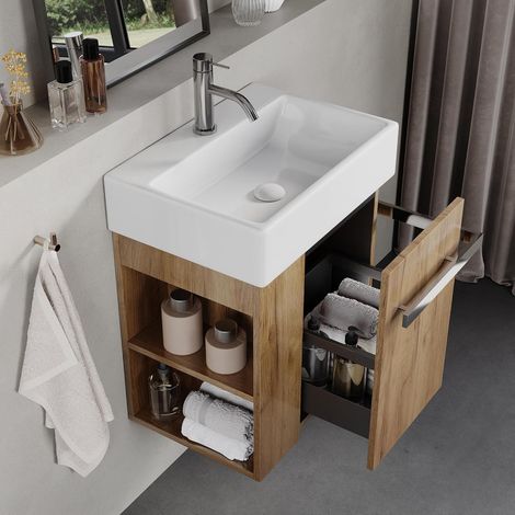 Meuble De Salle De Bain De 50 cm avec Lavabo en Céramique, Tiroir À Fermeture Douce, Poignée Porte-Serviettes, Option Gauche/Droite, European Oak (1/5)