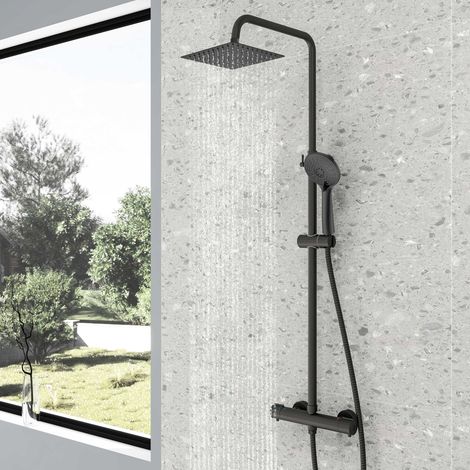 AICA Bathroom Mixer Shower Square Thermostatic Exposed Valve Twin Head Set Matte Black With Round Handset (1/5)