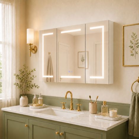 Armoire Miroir LED, Éclairage 3 Modes, Désembuage, Rangement flexible, Avec prise, Miroir de salle de bain, 100x13.5x60cm, A (1/5)
