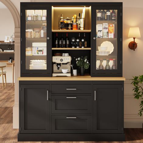 Armoire, 3 tiroirs, éclairage LED, avec étagères, noir, 185 x 140 x 40 cm, pour cuisine et salle à manger, étagères réglables, plan de travail