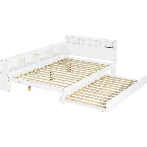 Cama de madera 120x200 cm con cama nido 90x190 cm, estantería y estación de carga (1/5)