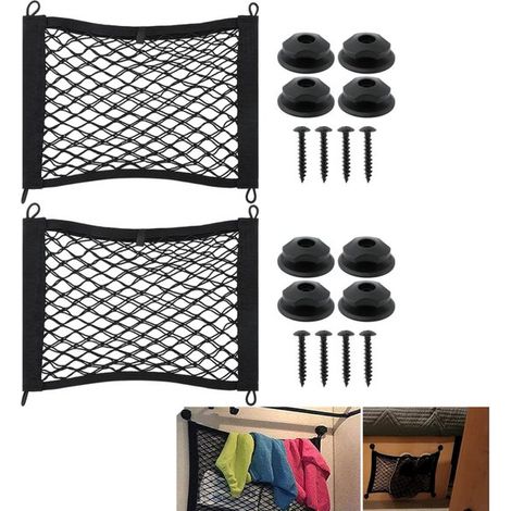 Pack de 2 redes pequeñas para equipaje con bolsillos elásticos, 25x35 cm, almacenamiento extensible para maleteros, autocaravanas, barcos y coches, color negro. (1/5)