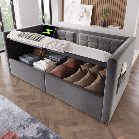 Sofá cama tapizado en terciopelo gris 90x200 cm con almacenaje hidráulico, USB y Type-C, somier de láminas (1/5)