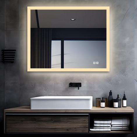 MIQU LED Badspiegel mit Beleuchtung 80x60 cm Badezimmerspiegel Bad Groß Spiegel mit Touch Dimmbar Warm / Weiß Licht Beschlagfrei Wandspiegel für Badezimmer (1/5)