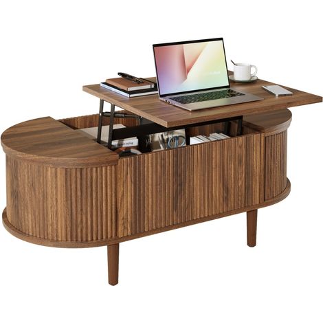 Table Basse Ovale Relevable avec Rangement 100x48x53,5 cm - Finition Noyer et Pieds Bois Massif pour Salon (1/5)