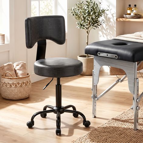 Tabouret Roulettes, Hauteur Réglable 72-87,5 cm, Assise Dossier Rembourrés, Pivotant 360°, Noir (1/5)