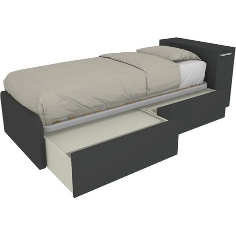 Letto singolo salvaspazio con cassetti e testata contenitiva - Basalto