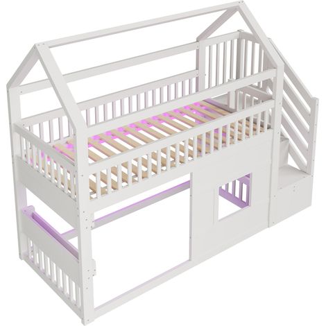 Letto casetta a soppalco 90x200 cm con scala, vani contenitore e LED, bianco (1/5)