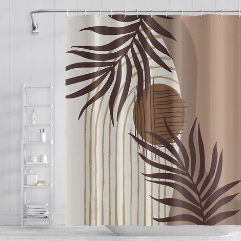 Rideau de douche abstrait style bohème mi-siècle, motif feuilles d'eucalyptus marron et beige, avec crochets, en polyester imperméable. (1/5)