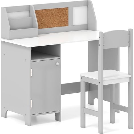 Escritorio infantil con silla y estantería, madera gris