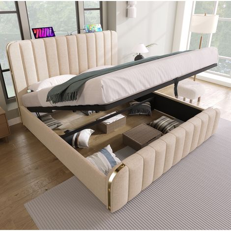 Polsterbett mit Stauraum 140x200, USB Typ-C, Beige OKMYHOME (1/5)