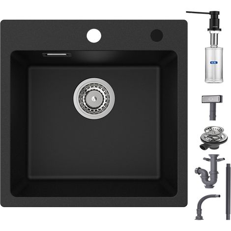 CECIPA 45x45cm Evier 1 Bac en Quartz + 300ML Distributeur de Savon Noir - Evier de Cuisine en Quartz et Résine - Evier de Cuisine Evier à Encastrer 1 Vasque (1/5)