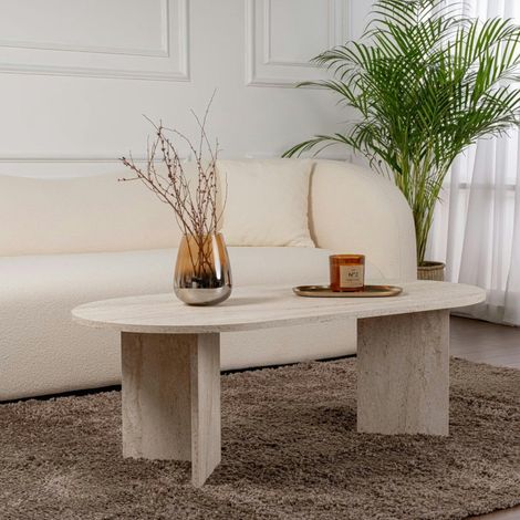 Pier Import – Table basse ovale effet travertin – pieds en V – MDF mélaminé résistant aux rayures – Dimensions 119x60x40 cm (1/5)