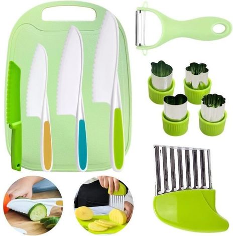 Kit cuisine enfant 11 pièces – couteaux sécurisés inox & plastique, planche, éplucheur en Y, couteaux sandwich (1/4)