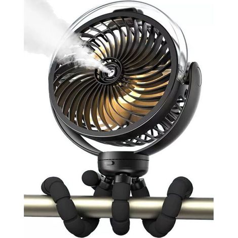 Ventilateur portable pour poussette avec fonction pulvérisateur d’eau rechargeable, rotation à 270°, trépied à clip flexible, idéal pour voyage, plage, extérieur, siège de voiture et tapis de sol (1/5)