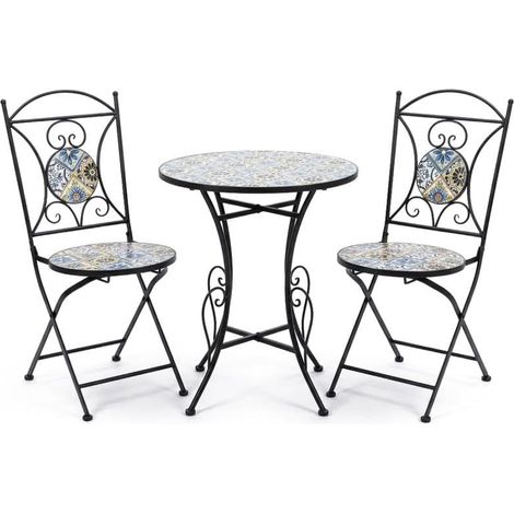 Set de Table et 2 chaises de Jardin en métal et Pierre en Noir, Bleu et Blanc 72 x 60 x 60 cm (1/5)