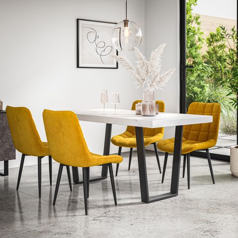 Aria Dining Table And Chairs - White Marble Effect Table Top w Black Legs + Nova Velvet Dining Chair Set Of 6 (Mustard)