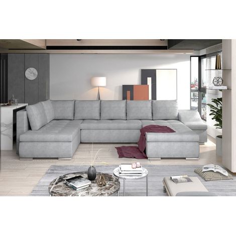 Canapé panoramique GYOVANI gris clair chiné angle droit convertible pieds métal (1/2)