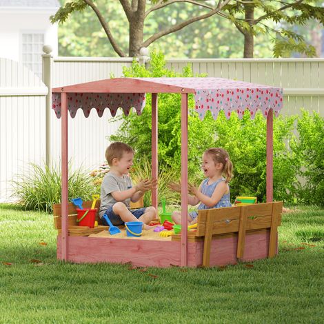 Sandkasten für Kinder von 3–6 Jahren mit Flamingo-Dach, Klappsitzen, Deckel und Abdeckung, aus Tannenholz, 134,5 x 127,5 x 130 cm, Rosa