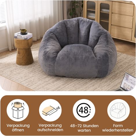 Pouf poire pour adultes, fauteuil lounge moelleux en fausse fourrure, emballé sous vide et sans montage, pour salon, chambre, balcon - Grand (Gris clair) (1/4)