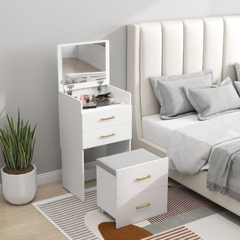 MEUBLIV Coiffeuse 3-en-1 blanche avec miroir, tiroirs et tabouret à roulettes (1/5)
