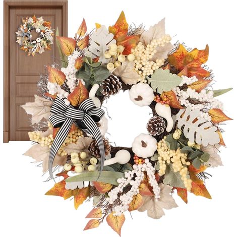 Couronnes d'automne - Guirlande de Thanksgiving - Couronne Décorative Feuilles d'Érable Baies Citrouille pour Porte d'Entrée Cuisine Porche Saison Automnale (1/5)