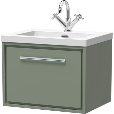 Balterley Longnor Modern Bathroom 1 Soft-Close Drawer Wall Hung Vanity Unit Fireclay Basin, Fern Green, 600mm