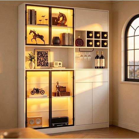 Vitrine LED 140 x 30 x 200 cm, 7 portes, verre de sécurité, casier à vin, blanche OKWISH (1/5)