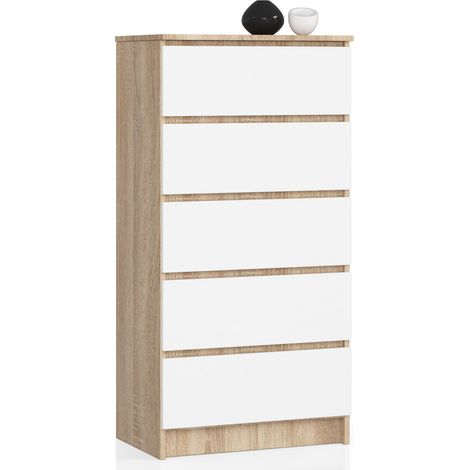 Akord – Commode enfant 60 cm 5 tiroirs – Chêne sonoma et façade blanche – Dimensions 60x40x121 cm – Panneau stratifié durable