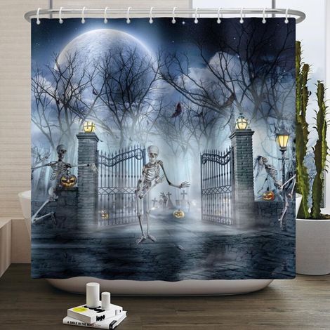Rideau de douche gothique d'Halloween en 2 pièces (120 x 180 cm) – Crâne amusant, fantôme effrayant, château dans la forêt au clair de lune – Décoration de salle de bain en polyester avec croch (1/5)