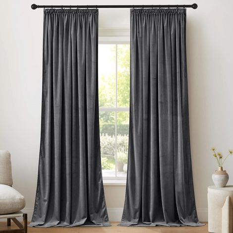 Velvet Curtains - Opaque Panels Blackout Curtains with Ruffle Trim for Party Home Decoration Thermal Window Anti-Cold for Bedroom/Living Room, 132 x 240 cm, Dark Grey, 2 Pieces (1/5)