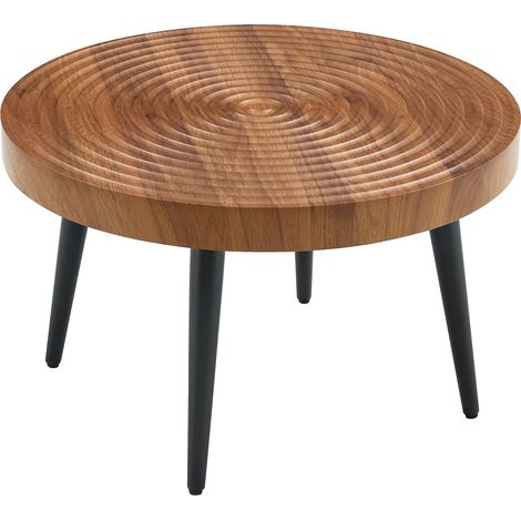 Table basse ronde au décor noyer avec plateau renforcé et pieds métalliques noirs, diamètre 60 cm (1/5)