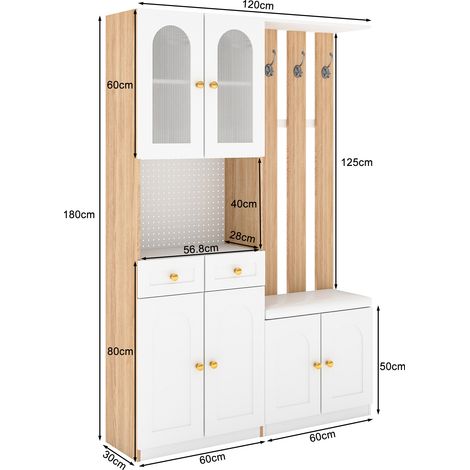 Armoire avec établi et éclairage LED, rangement chaussures et paroi à lattes. Table double face blanc et chêne, dimensions 180 / 120 (1/5)