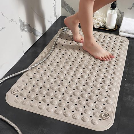 Tapis de Douche Antidérapant 50x80cm,Tapis Antidérapant Douche avec Ventouses et Trous de Drainage,Matériau PVC,Toucher Doux,Kaki (1/5)