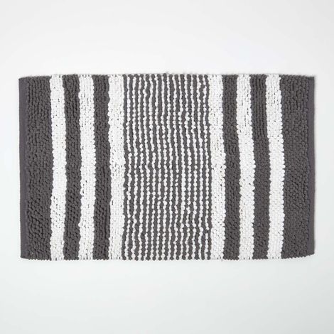 HOMESCAPES Chenille Badematte beige-weiß gestreift aus 100% Baumwolle, 50 x 80 cm