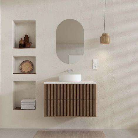 Mobile Bagno 80 cm - 2 Cassetti Finitura Rovere e Nero - Piano e Lavabo Bianchi - Specchio Ovale